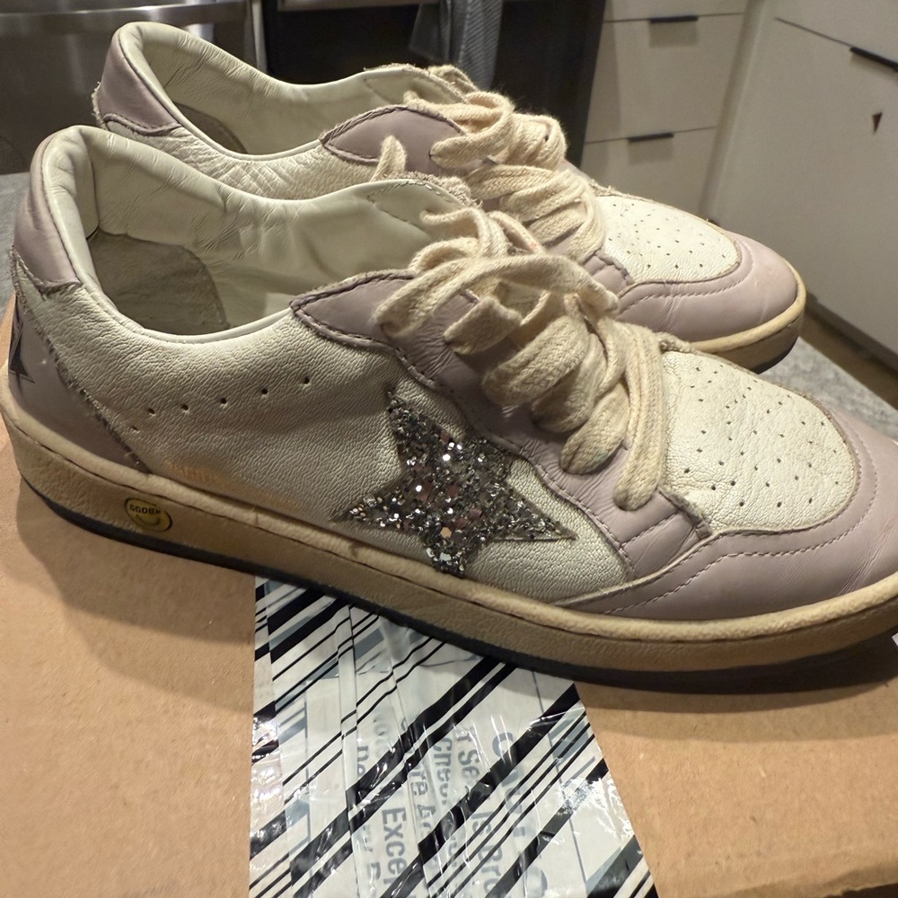 Golden Goose Kids White and Silver Glitter Sneakers